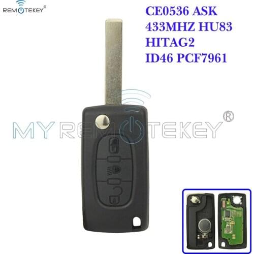 Remtekey CE0536 Flip remote key 3 button with light button HU83 key blade 434mhz for Citroen Peugeot car key