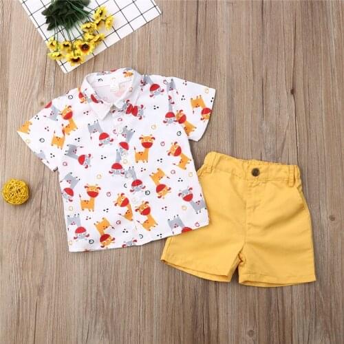 Kids Baby Boy Christmas clothes animal print turn-down collar short sleeve T-Shirts solid Button pocket Shorts 2pc lovely Outfit