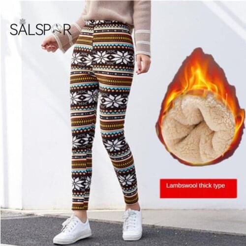SALSPOR Warm Women Plus Velvet Winter Printed Leggings Solid Pants High Waist Large Size Women Leisure Cold Resistance Legging