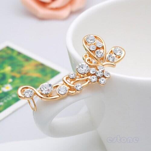 Retro Crystal Butterfly Flower brinco Ear Cuff Stud Clip Earring Wrap Earring Gold & Silver -W128