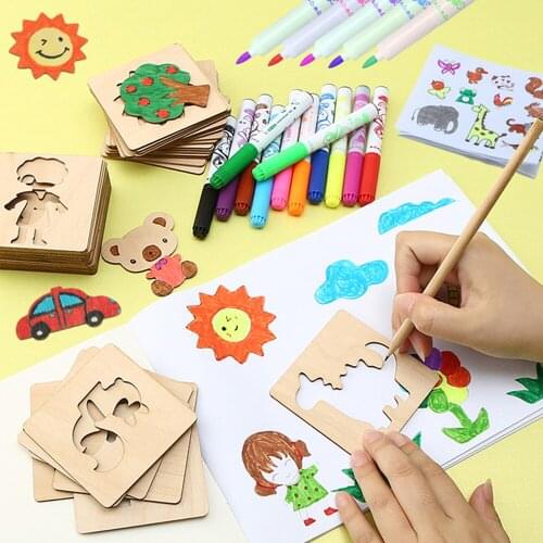 Wooden Painting Stencil Template Children Creative DIY Graffiti Drawing Tool Coloring Board Set Fun Educational Toy