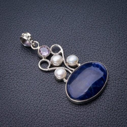 StarGems Natural Sodalite,Amethyst And River Pearl Handmade 925 Sterling Silver Pendant 2" E0326