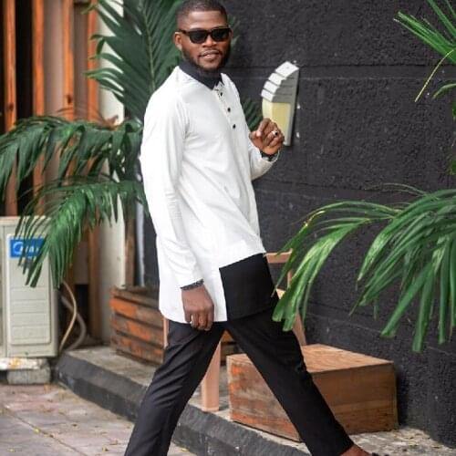 Nigerian Style Patchwork Mens Shirts+Pant Sets Tailor Made African Fashion Black/White Tops+ Solid Trousers