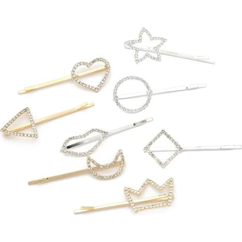 1PC Shiny Crystal Hair Clip Rhinestone Barrette Headwear Geometric Heart Round Star shape Hairpin Women Girl Hair Accessories