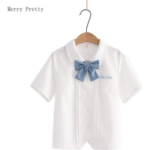 Letter Embroidery Bow Casual Shirts Women 2021 Summer Sweet Style Short Sleeve Single Breasted Korean Fashio Ladeis Basic Tops