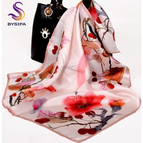[BYSIFA] New Women 100% Natural Silk Scarf Shawl Fashion Beige Red Neck Scarf Small Bag Ribbon Spring Fall Brand Square Scarves