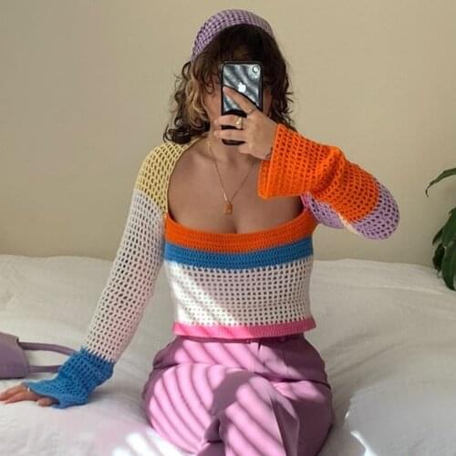 Unaiza Y2K Aesthetic Cute Knit Top Women Patchwork Colorful Crop Tshirts Long Sleeve Vintage Harajuku Knitwear Streetwear Hollow