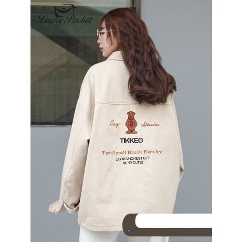 Ladies Plus Size Turn-Down Collar Cotton Coat Women Korea Zipper Jacket Casual Solid Color Cartoon Embroidery OuterWear QL67