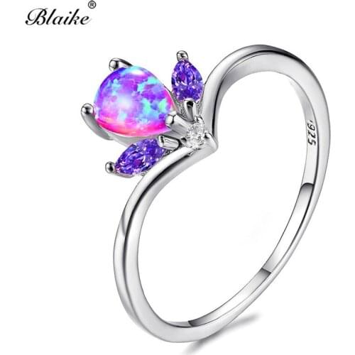 Blaike Charming Water Drop Purple/White/Blue Fire Opal Rings for Women Silver Color Birthstone Crystal Zircon Ring