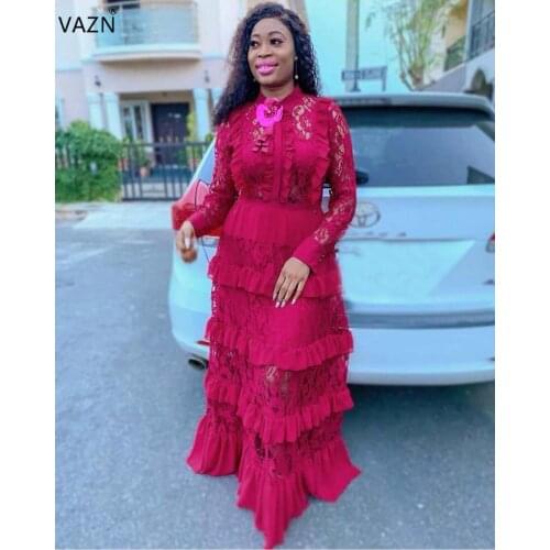 VAZN 2019 Hot Sexy Elegant Age Reduction Fashion Women Dress Solid O-Neck Full Sleeve Lace Vacation Ball Gown Maxi Dress JN02