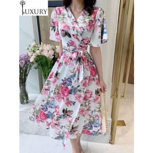 Hot 2020 Sale Summer High Quality Women V-Neck Colorful Flower Print String Belt Deco Short Sleeve Large Swing Dress Sun