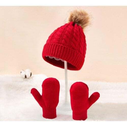 Winter Warm Baby Solid Color Hat Gloves Set Fur Ball Beanies Mitten Kit Children Girls Boys Knitted Hemming Hat