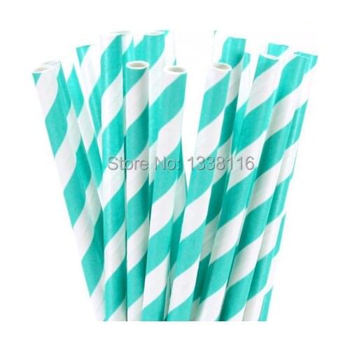 100pcs Teal Blue Striped Paper Drinking Straws,For Birthday Wedding Party Decoration Supplies