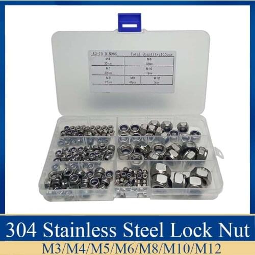 165pcs/Set M3 M4 M5 M6 M8 M10 M12 Stainless Steel Nylon Lock Nut Metric Assortment Kit Insert Locking Nuts