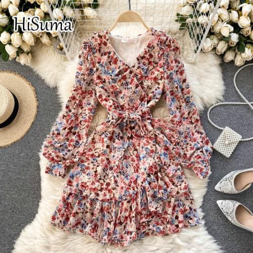 2021 spring summer new womens V collar lantern sleeve ruffles flower print chiffon A-line dress female Chic elegant dresses