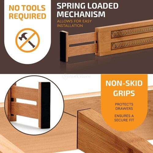 4 Set of Bamboo Drawer Dividers Organizer Spring Loaded for Kitchen Bathroom