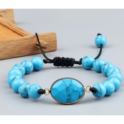 8MM Blue Turquoises Natural Stone Bracelet Charm Oval Rhombus Pendant Bracelets Women Fashion Bangles Jewelry Gift for Couples