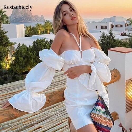 Kesiachiccly White Sexy Dress Women Zipper Long Puff Sleeve Bodycon Mini Autumn Dress Bandage Nightclub Party Dresses Vestidos