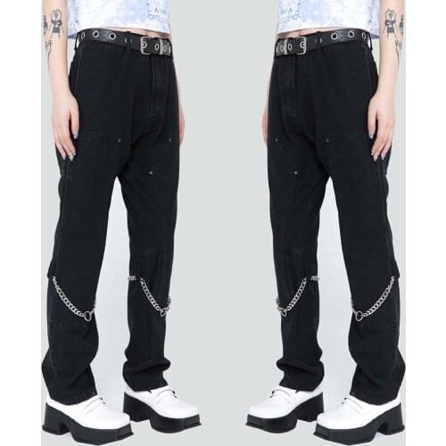 Jeans Men Solid Patchwork Chain Denim Pants Unisex Baggy Casual Retro Punk All-match Harajuku Trouser Autumn Streetwear