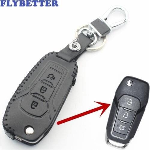 FLYBETTER Genuine Leather 3Button Flip Remote Key Case Cover For Ford Escort/New Mondeo/Fusion/Galaxy/S-Max L51