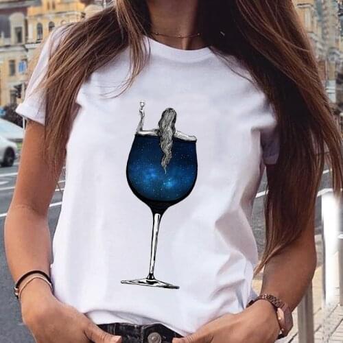 FIXSYS Women Sea Blue Wine Graphic Printed T-shirt Cute Summer Spring 90s Style Tshirts Casual Fashion Aesthetics Female Clothes