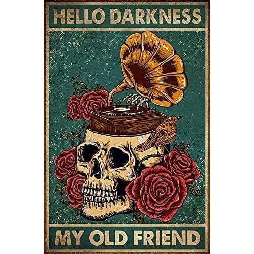 Halloween Skull Phonograph Roses Hello My Old Friend Tin Sign Retro Style Miller Beer Bar Den Halloween Painting Metal 8x12 Inch