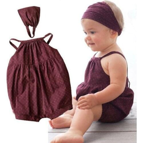 Baby Girls Romper Summer Hot Sale Newborn Clothes Deep Red Dots Denim Harnesses Jumpsuits+Head belt Infant Toddler 2Pcs Baby Set