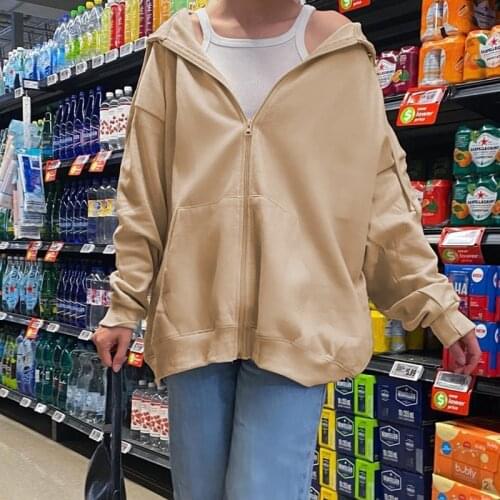 Women Rerto Style Jacket Solid Color Zipper Open Front Hooded Coat 2000s E-girls Sweatshirts Fashion Streetwear Loose Hoodies