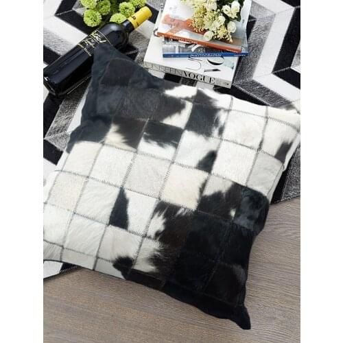Square Cowhide Fur Plaid Cushion Without Core , Natural Color Leather Pillow for Furniture Upholstery SALES Villa Decoration
