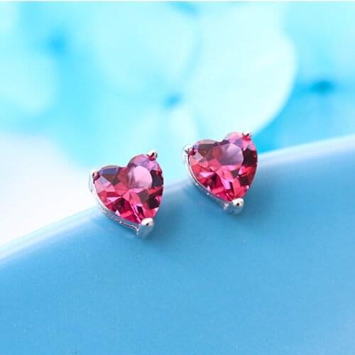Cute Heart Stud Earrings For Girl 925 Sterling Silver Filled Brilliant Red AAA Zircon Wedding Studs Gift For Women ER023