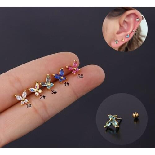New 1PC 20G Stainless Steel Butterfly Cartilage Stud Earrings Rainbow CZ Helix Tragus Conch Screw Back Earring Piercing Jewelry