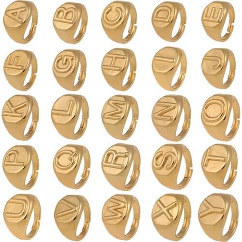 2021 New A-Z Initials Letter Name Open Ring Hip Hop Style Personalised Gold Color Signet Jewelry Unisex Trendy Party Gift