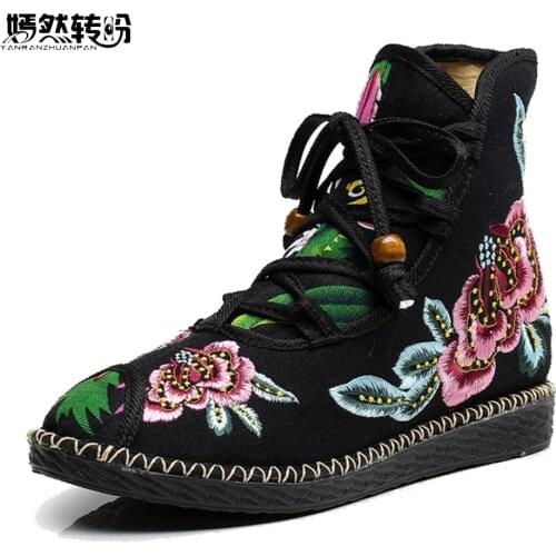 Autumn Chinese Women Boots Flower Embroidered Shoes Ethnic Lace Up Shoes Woman National Booties Botas Mujer