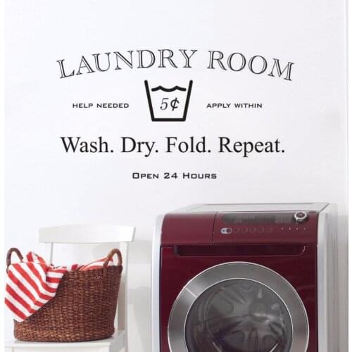 Open 24 Hours Laundry Room Sign Wall Sticker Vinyl Laundry Self-service Wall Decal Wash Dry Fold Repeat Quote Poster Art AZ680