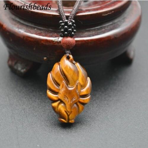 Popular Natural Tiger Eye Gemstone Nine-tailed Fox Shape Animal Pendants Necklace Unique Adjustable Cord Jewelry Party Gift