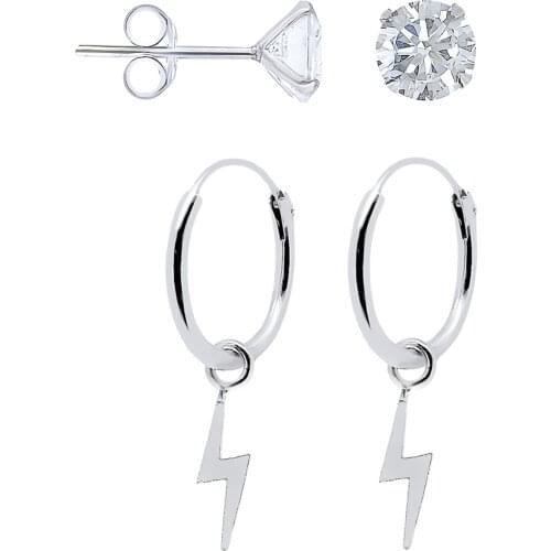 Earrings 925 sterling silver pendant with lightning, two 5 Mm shiny zircon