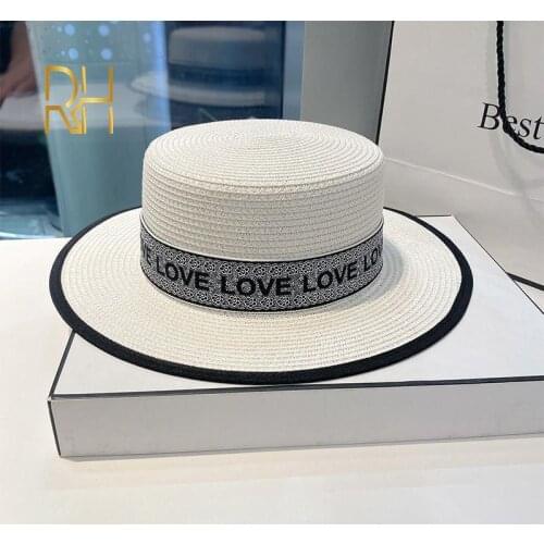 Straw Hat Ribbon Boater Beach Hat Letter Ribbon Flat Top 2021 Beach Hats Women Summer Hat Fedora Panama Hat Ladies Travel Gorras