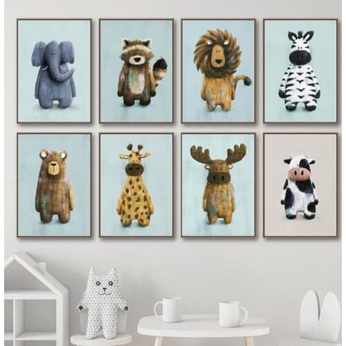 Elephant Lion Giraffe Zebra Bear Cow Safari Nursery Wall Art Print Canvas Painting Nordic Poster Decor Pictures Baby Kids Room