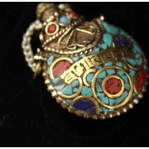 Tibetan old hand-made pure copper handcrafted inlaid gemstone snuff bottle