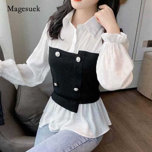 Women Turn-down Collar Button Clothing 2020 Autumn New Fashion Long Lantern Sleeve Irregular Splicing Blouse Women Blusas 10538
