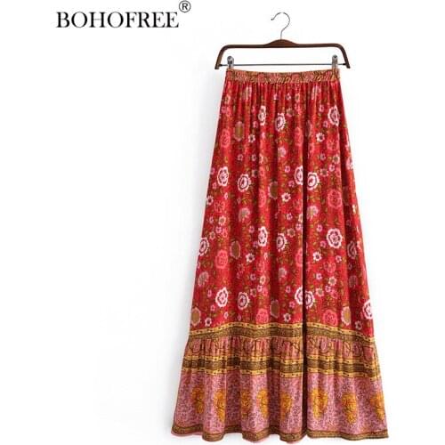 New Summer Botanical Floral Print Fadal Casual Beach Skirts Rayon Cotton Maxi HIppie Long Skirts Women