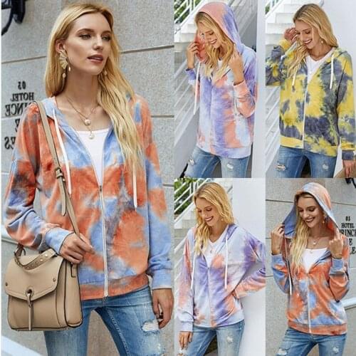 2021 Autumn Tie-dye Printed Bomber Jacket Ladies Pocket Zipper Long Sleeve Coat Female Flower Jacket Woman Fleece Hooded Outwear