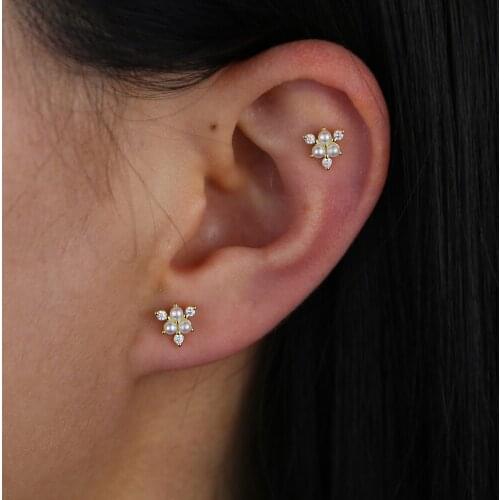 Fashion 925 sterling silver Geometric small Geometric stud earrings for women girls Fashion cz Rhinestone Pearl Flower jewelry