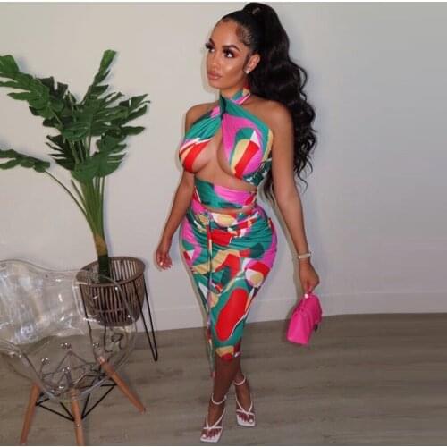 Aesthetic Printing Bandage Women Skirt Sets Summer Sexy Criss Cross Halter Crop Top and High Waist Sheath Skirt 2 Piece Outfit