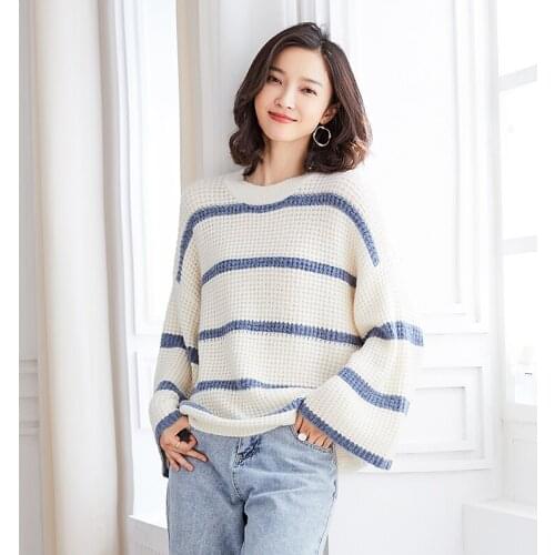 Ladies Fashion Design Striped Sweater Pullovers Spring Autumn Lady Loose Casual Sweater Long Sleeve High Quality