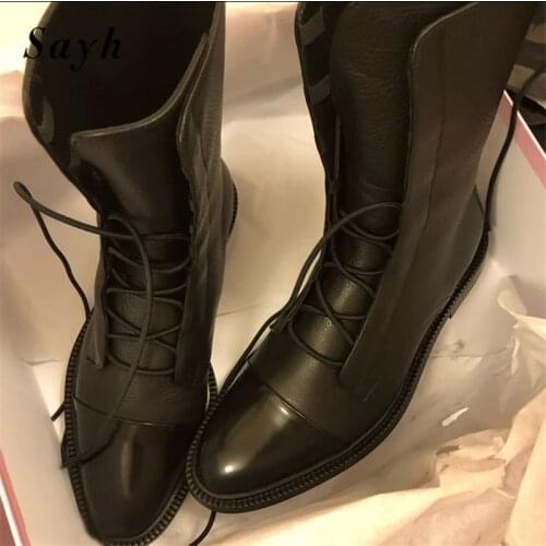 Winter Fashion Platform Women Boots Black Leather Flats Bandage Mid Calf Boots Luxury Brand Design Martin Motorcycle Boots