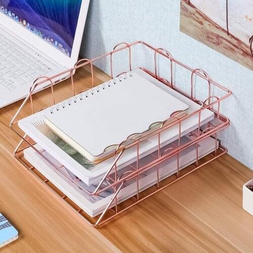 1 Set Of 2 Office Supplies Metal Stackable File Document Letter Tray Organizer, Rose Gold