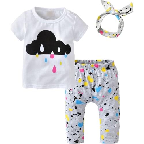 2021 Summer Newborn Baby Girls Clothes Set Cloud Print Cotton T-shirt+Pants+Headband 3Pcs Baby Clothes Outfits