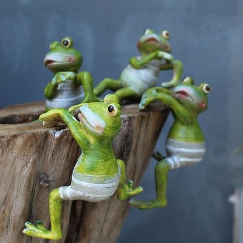 4pcs Cartoon 3D Hanging Climbing Cylinder Frog Potted Statues Cute Resin Animal Figurine Craft Home Landscape Handicraft Decor