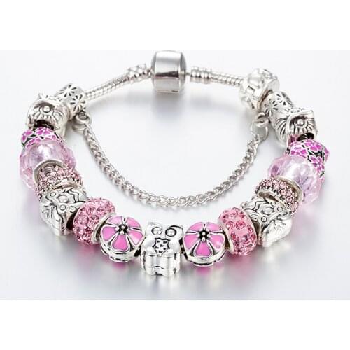 ANNAPAER European Beads of Owl Charm Bracelets For Women Pink Crystal Beads Bracelets & Bangles DIY Jewelry Pulseras B16073